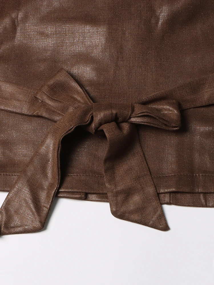 TWOTWINSTYLE Solid Patchwork Lace Up Leather Coat Stand Collar Long Sleeve Spliced Single Breasted Vintage Coats Female Style