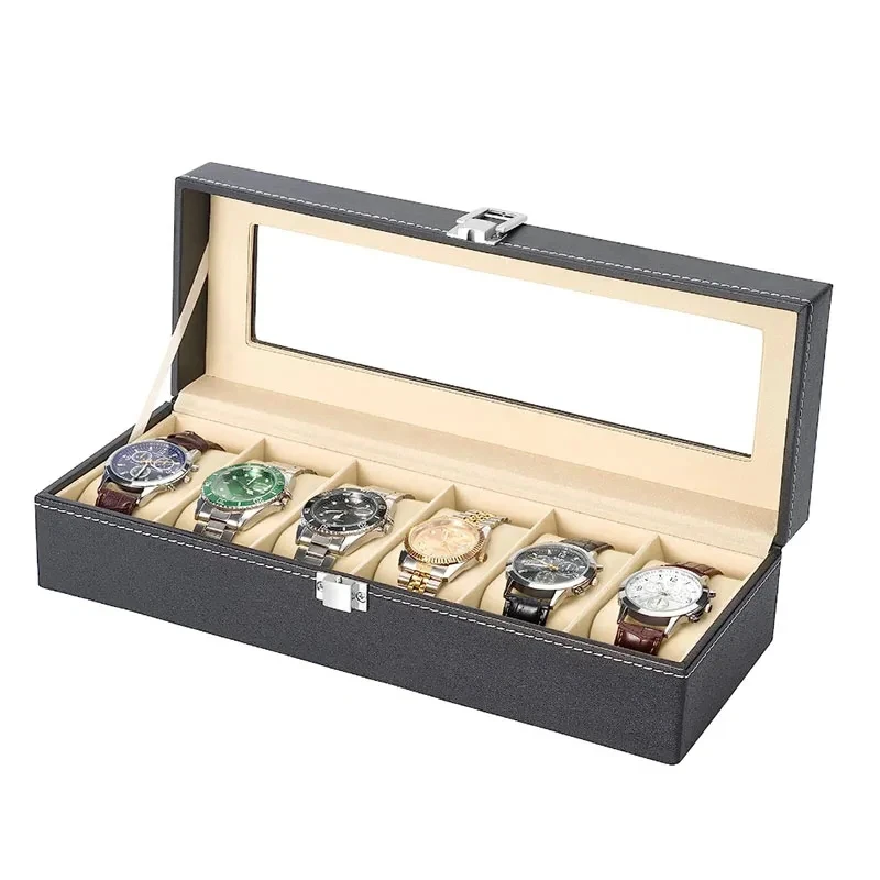 Watch storage box PU leather display storage organizer watch box with glass top slot men watch bracket gifts