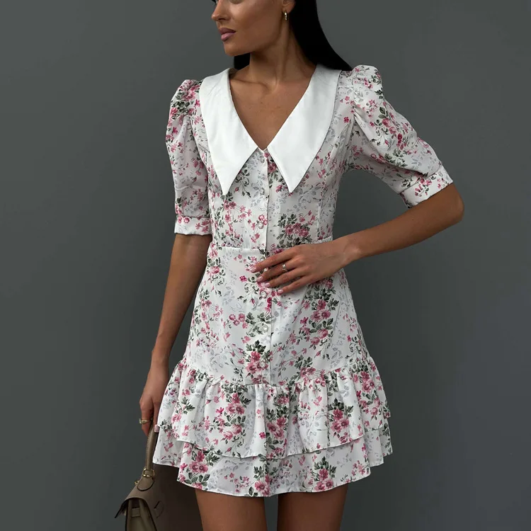 Printed Ruffled V-Neck Mini Dress Female Short Sleeve Fashion Slim High Waist Elegant Party Dress Women's Summer Dress New