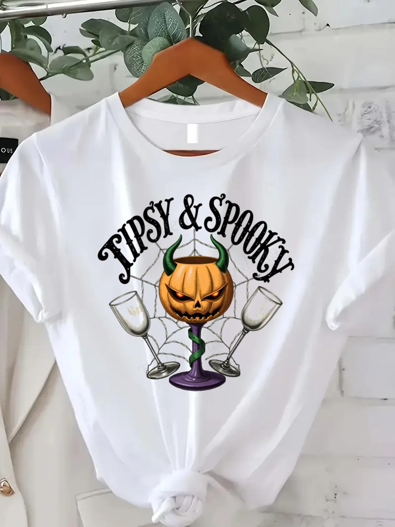 Round Neck T-shirt Tipsy & Spooky Halloween Pumpkin Wine Glass T-Shirt Women Plus Size Short Sleeve Tee Fashion Casual Top