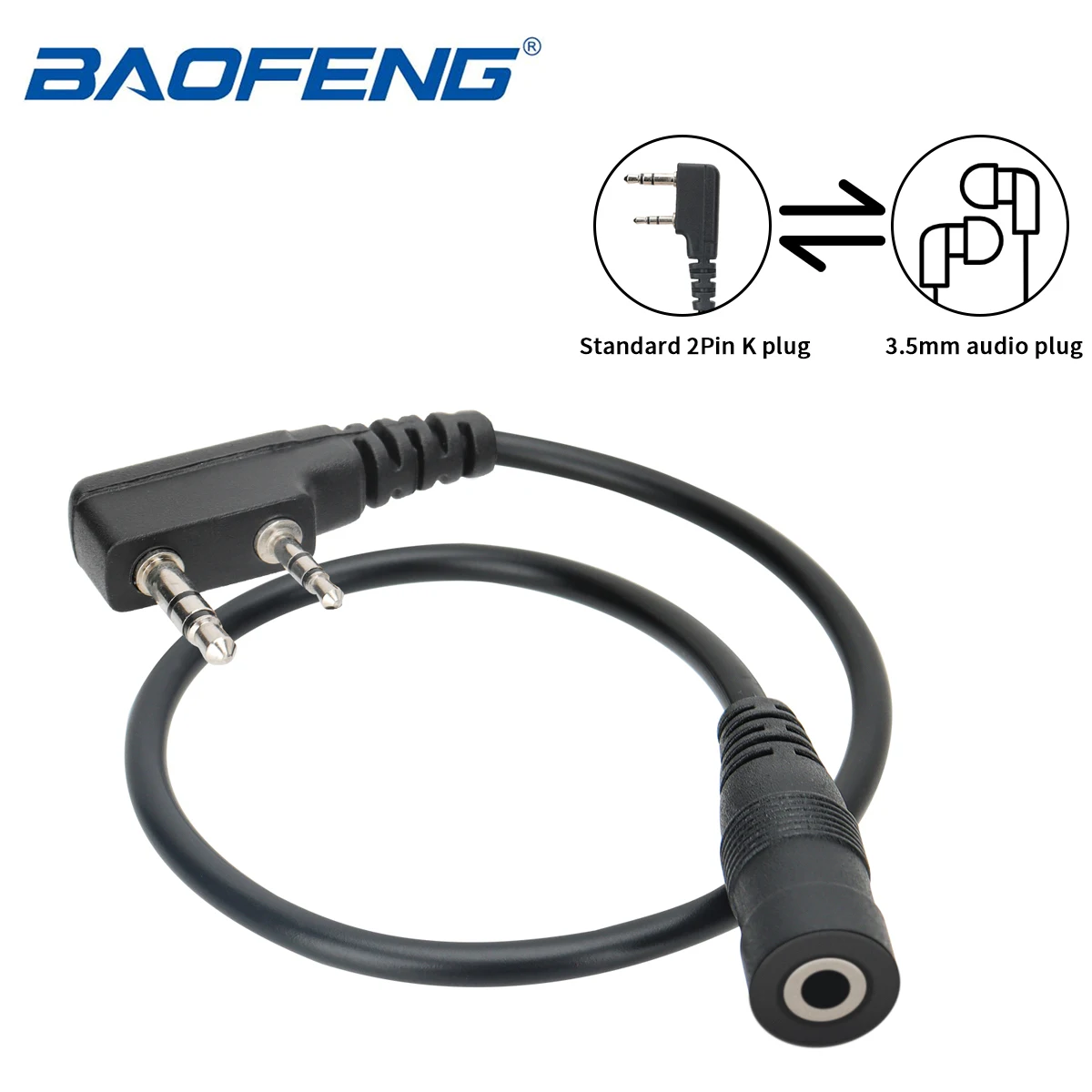 BAOFENG 워키토키 헤드셋 어댑터 이어피스 어댑터 케이블, BAOFENG UV-5R BF-888S 양방향 라디오용, 2 핀-3.5mm 
