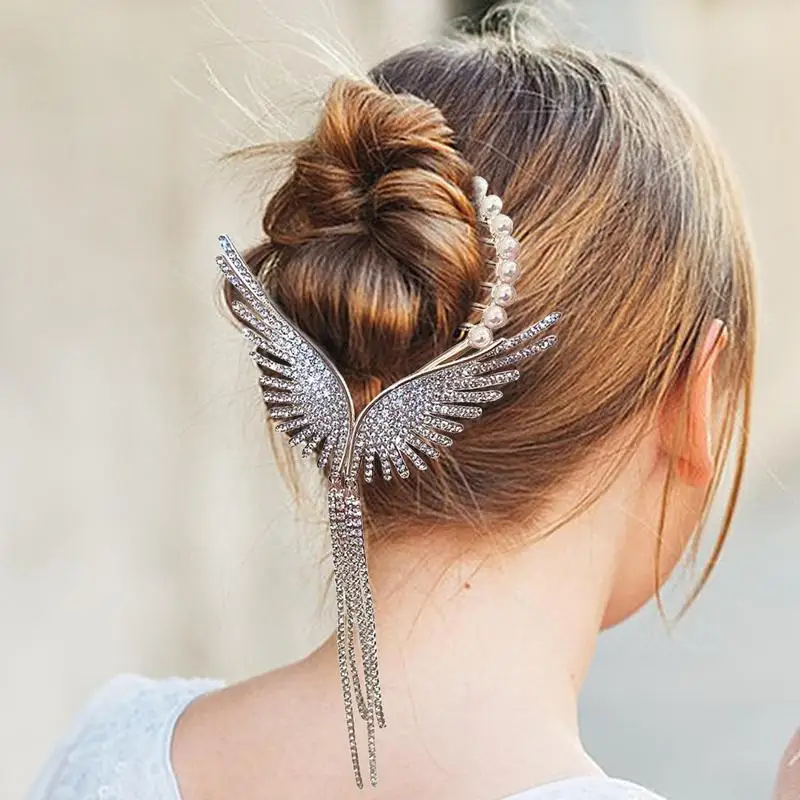 Angel Wings Hair Clip Imitation Pearl Rhinestone Tassel Chain Ponytail Buckle Hairpins Female Hair Card Accessories