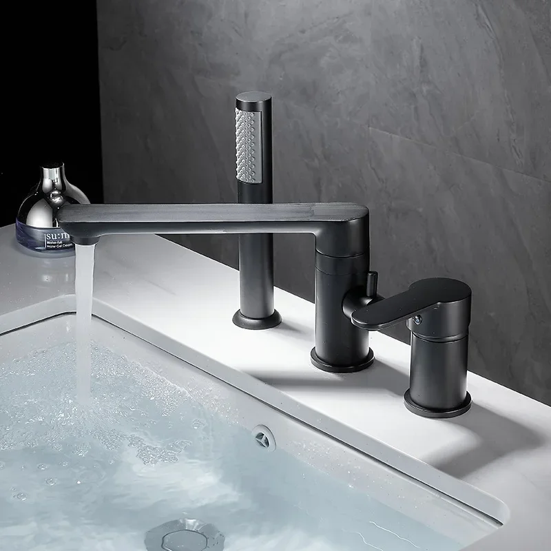 3-Hole Bathtub Faucet in Gold/Black/Chrome Widespread Basin Mixer with Hand Shower Head Hot & Cold Control Bathroom Faucet 2