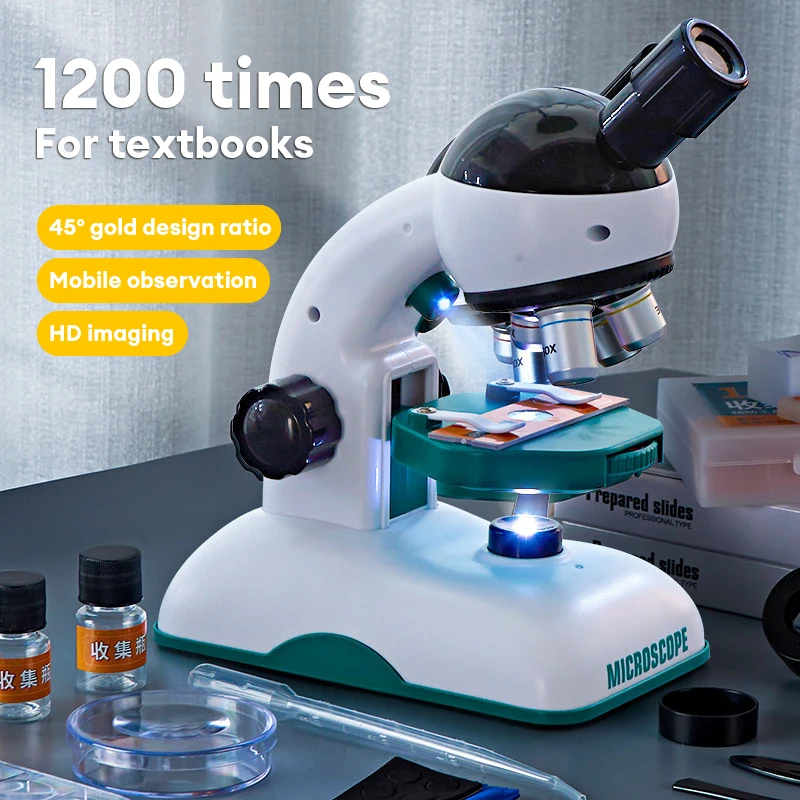 

Children Microscope Biology Scientific Experiment Lab Microscope with LED Light Portable Mini Microscope 200X/600X/1200X Toys