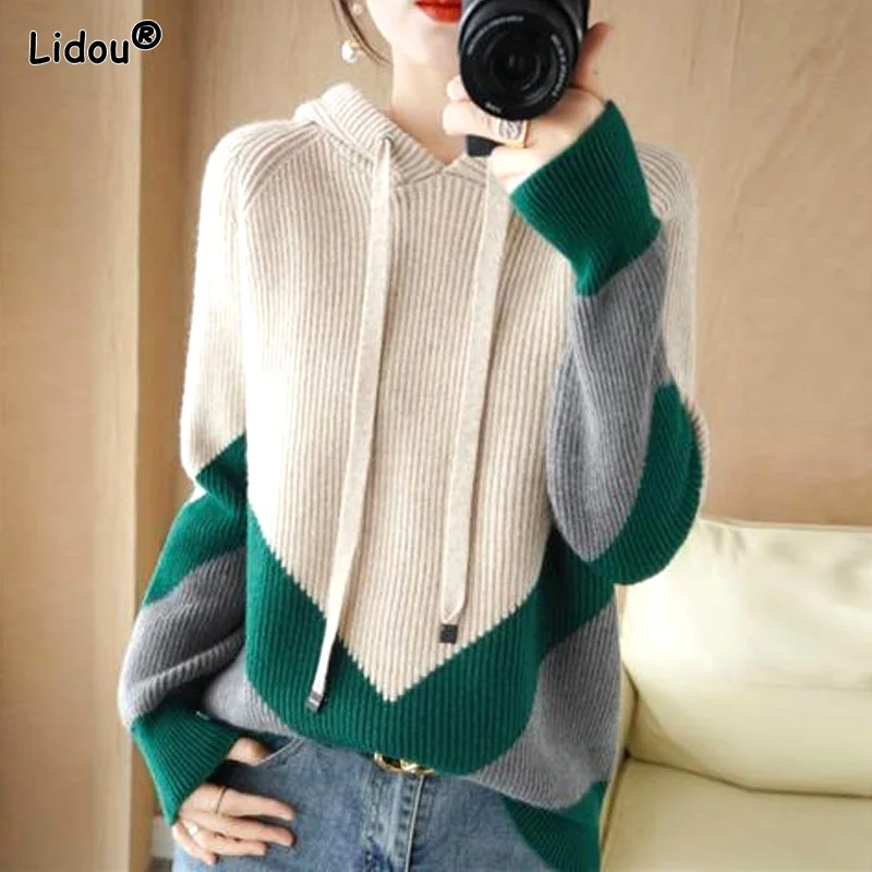 

Sweaters Pullovers Autumn Winter Loose Hooded Drawstring Patchwork Office Lady Popularity Casual Simple Korean Women's Clothing