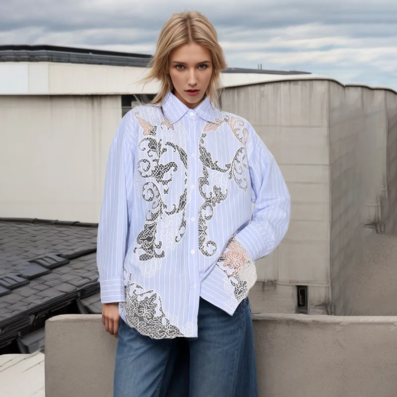 Women Shirt Pinstripe Lace Hollowed Out Patchwork Design Loose Long Sleeves Formal Office Lady Work Wear Jacket