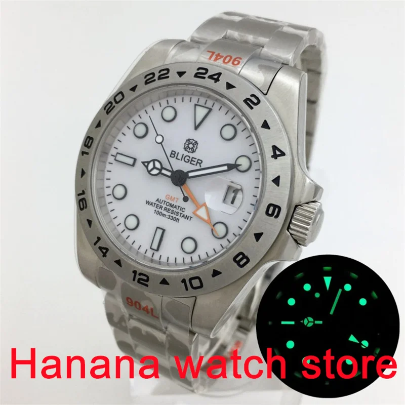 

BLIGER 40mm/43mm NH34 Men's GMT Mechanical watch white dial Green luminous sapphire Glass stainless steel waterproof watch
