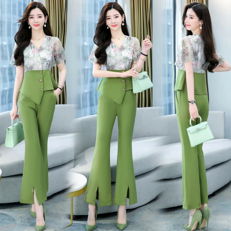 

Женский комплект из двух предметов, блузка с винтажным принтом и брюки с разрезом сбоку, расклешенные брюки, костюм, Новинка лета 2022