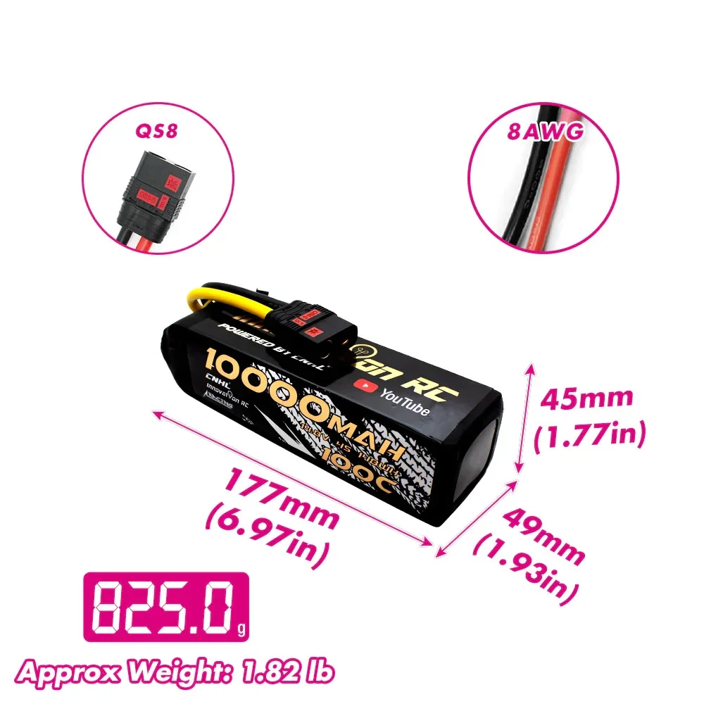 Connecteurs EC5 et QS8 sur batterie Lipo CNHL 10000mAh 100C pour drone RC