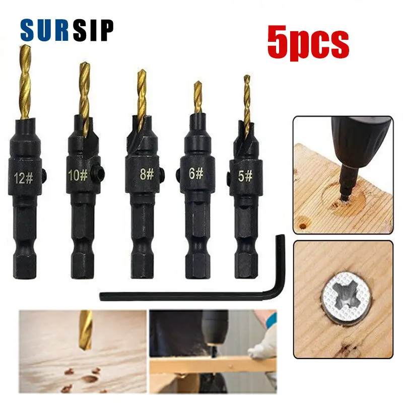 

5PCS Countersink Drill Bit Carpentry Drill Set Drilling Pilot Holes For Screw Sizes #5 #6 #8 #10 #12 #14