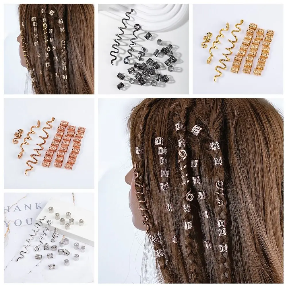 28pcs/set Ethnic Style Alloy Hair Ring Clips Golden Silver Dreadlocks Beads Curve Snake Viking Celtic Knot Daily
