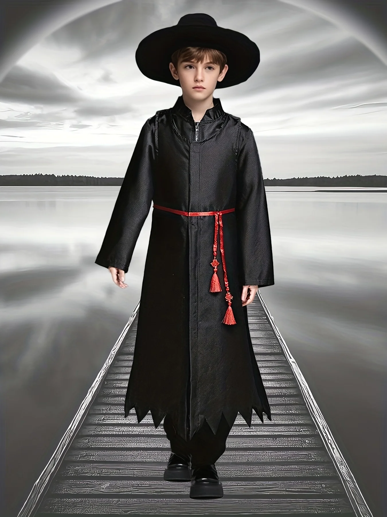 Boys' Devil Black 4-Piece Outfit Set: 1 Vest + 1 Zip-Up Jacket + 1 Pair of Pants + 1 Hat, with a Red Decorative Belt at the Waist, Boys' Costume for Carnival, Halloween, Christmas, and Various Holiday Parties and Performances.