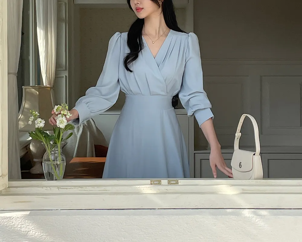 Korean Fashion Autumn Midi Dresses for Women Long Sleeves V-neck A-line Solid Casual Dress Office Lady Clothing New