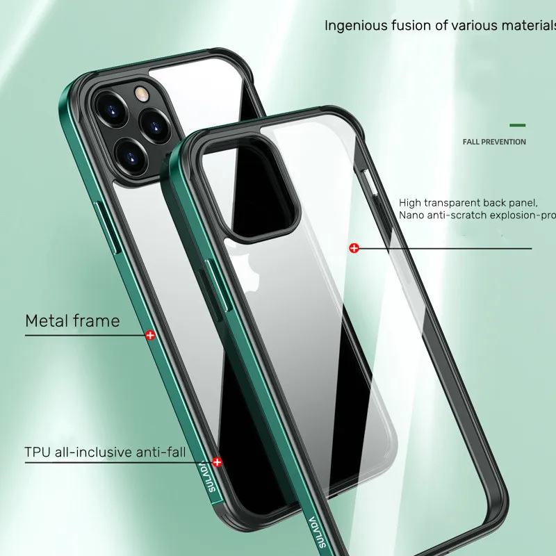 IPhone 15,13,12,11,15 pro max用の金属フレーム付き透明