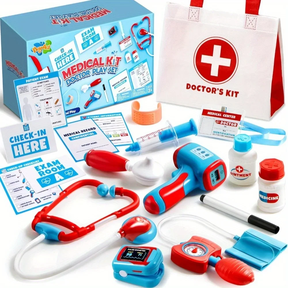 JOYFY Kids Doctor Kit 16Pcs Pretend Play Medical Kit with Realistic Toy Stethoscope Reusable Record Cards for Toddlers Ages 3+