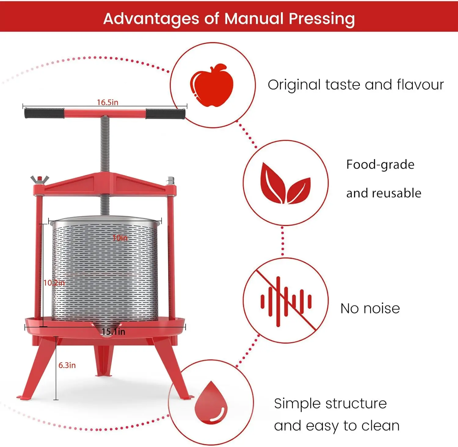 Stainless Steel Heavy-Duty T-Handle Wine Press for Fruits - 3.69 Gallon Capacity, Perfect for Apple, Grape, and Home Brewing