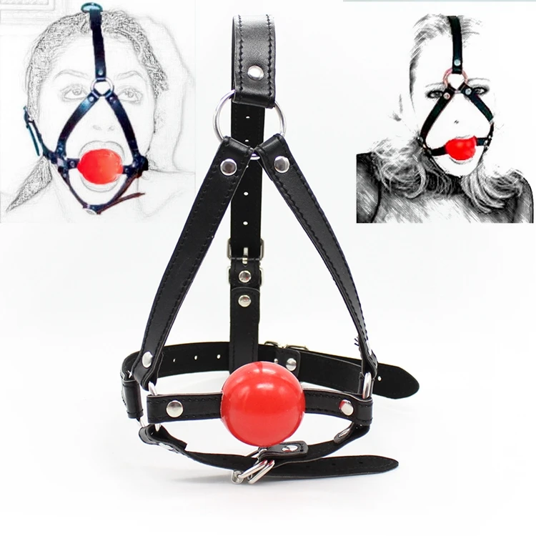 PU Leather Head Harness Bondage Open Mouth Gag Restraint Red Silicone Ball Adult Fetish SM Sex Game Toy for Wo_voghion.com