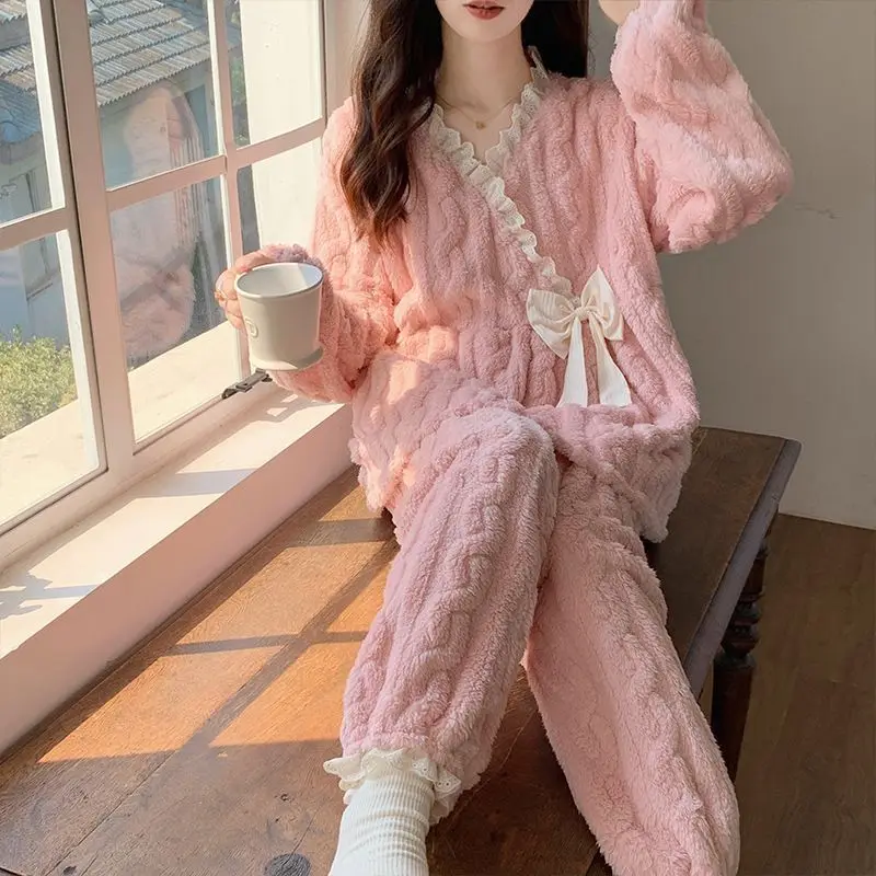 Coral fleece Women pajamas Princess Lace bow Jacquard pattern Fall winter  Add fleece  Flannel plush Long sleeve pant cover