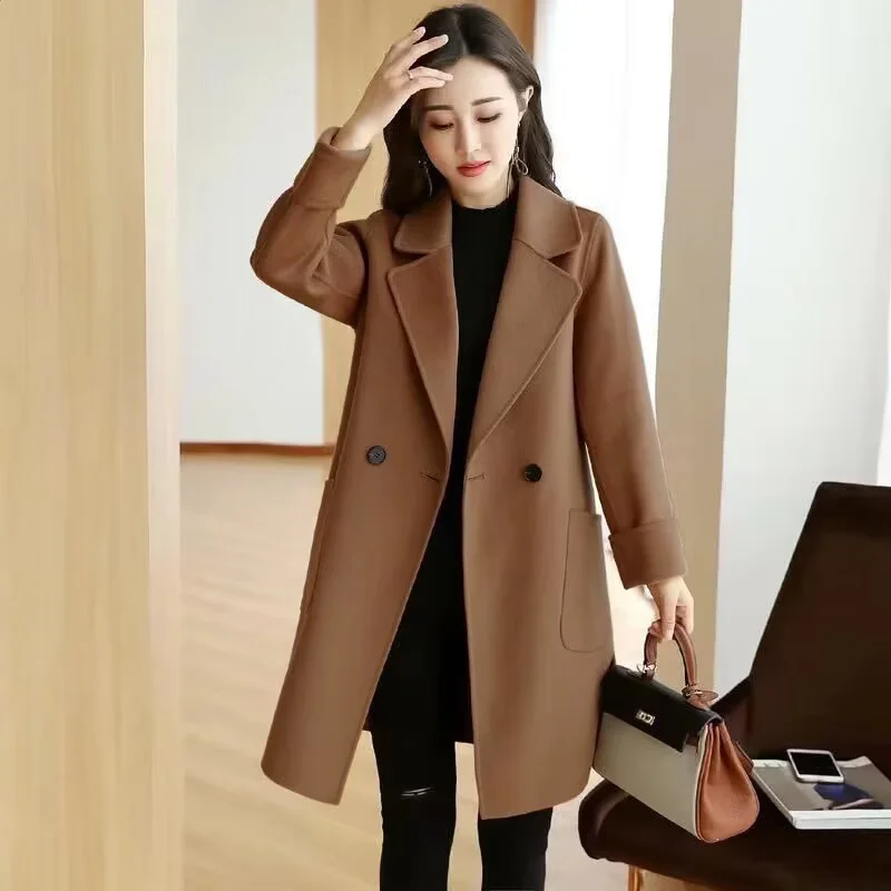 Women'S Woolen Jacket 2023 Autumn Winter Double Breasted Overcoat Plus Size Korean Long Sleeve Midi-Length Coat Loose Outwear