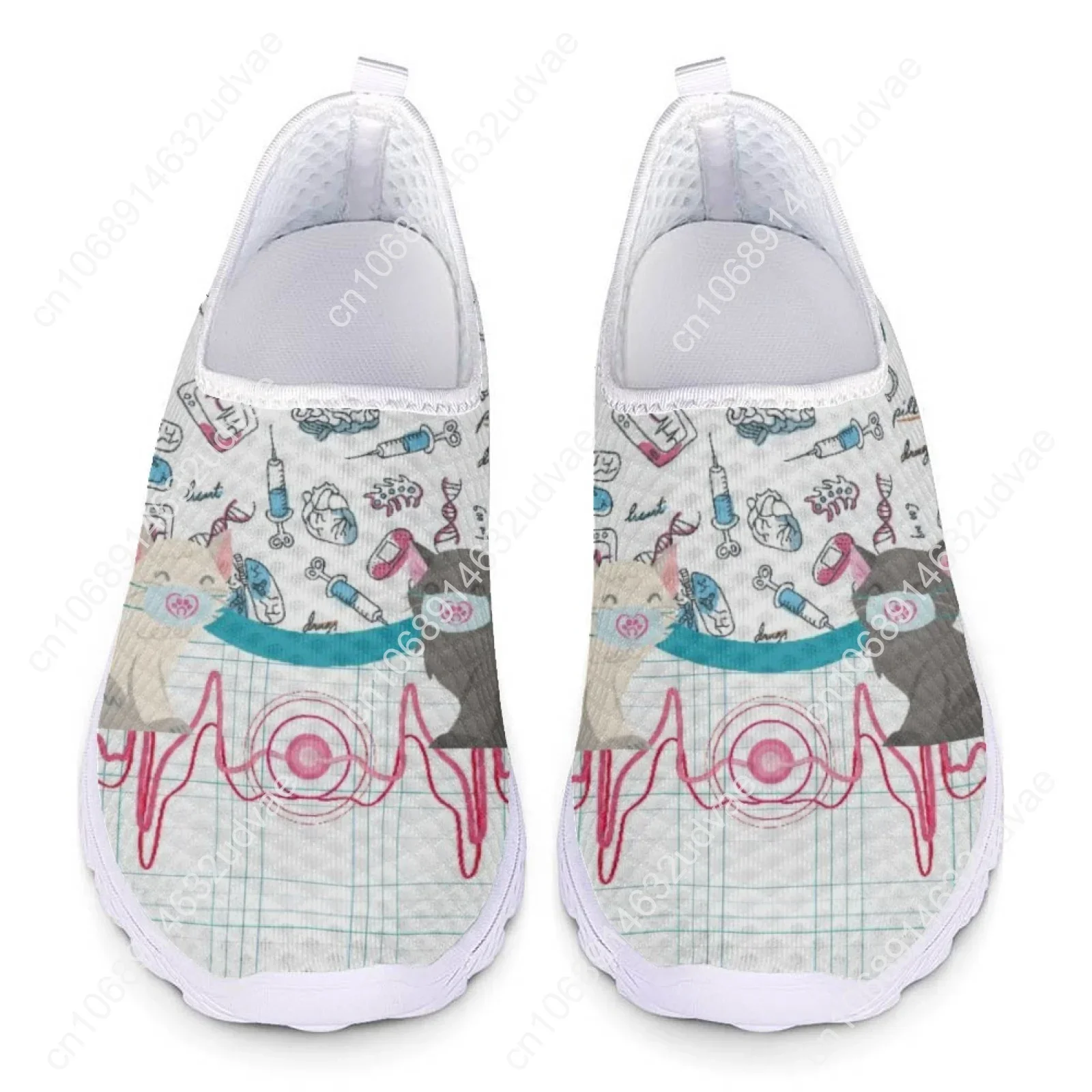 Cute Cat and Medical Tools Cartoon Female Flat Shoes ECG Cats With Mask Printed Women Mesh Sneakers Slip-on Loafers