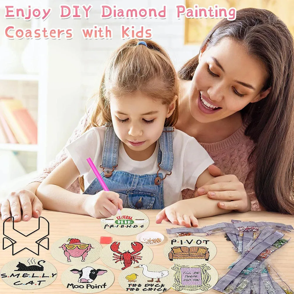 8pcs 5D Friends Diamond Painting Coasters Kit DIY Diamond Art Coasters with Holder Non Slip Coaster for Kids Holiday Gifts