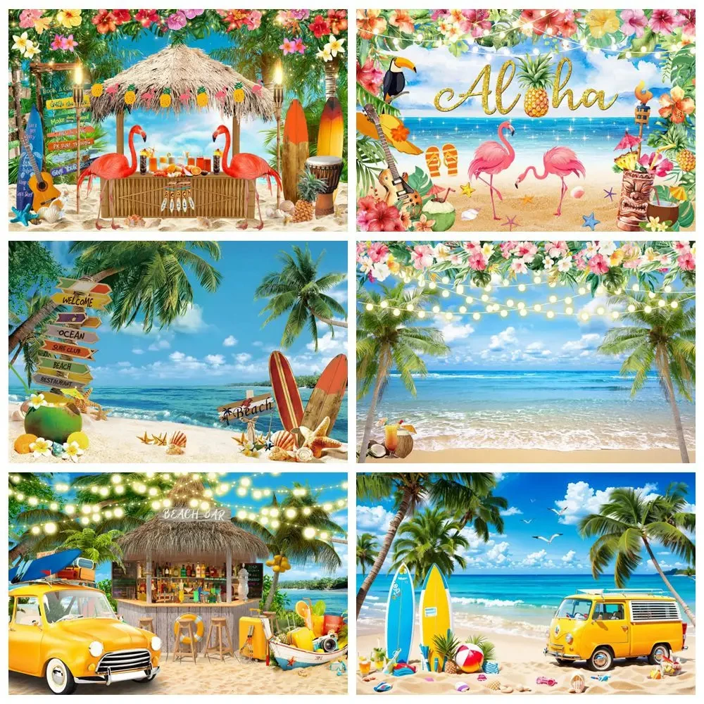Summer Tropical Beach Hawaiian Backdrop Aloha Luau Seaside Flamingo Ocean Surfboard Holiday PartyBirthday Photography Background