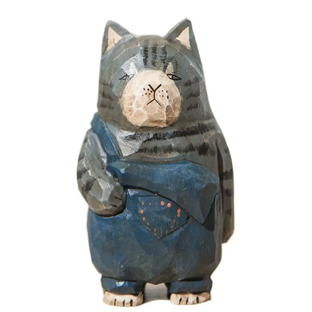 Solid Wood Wood Carving Cat Ornament Simple Style Small Painted Cartoon Cat Sculpture Cute Handmade