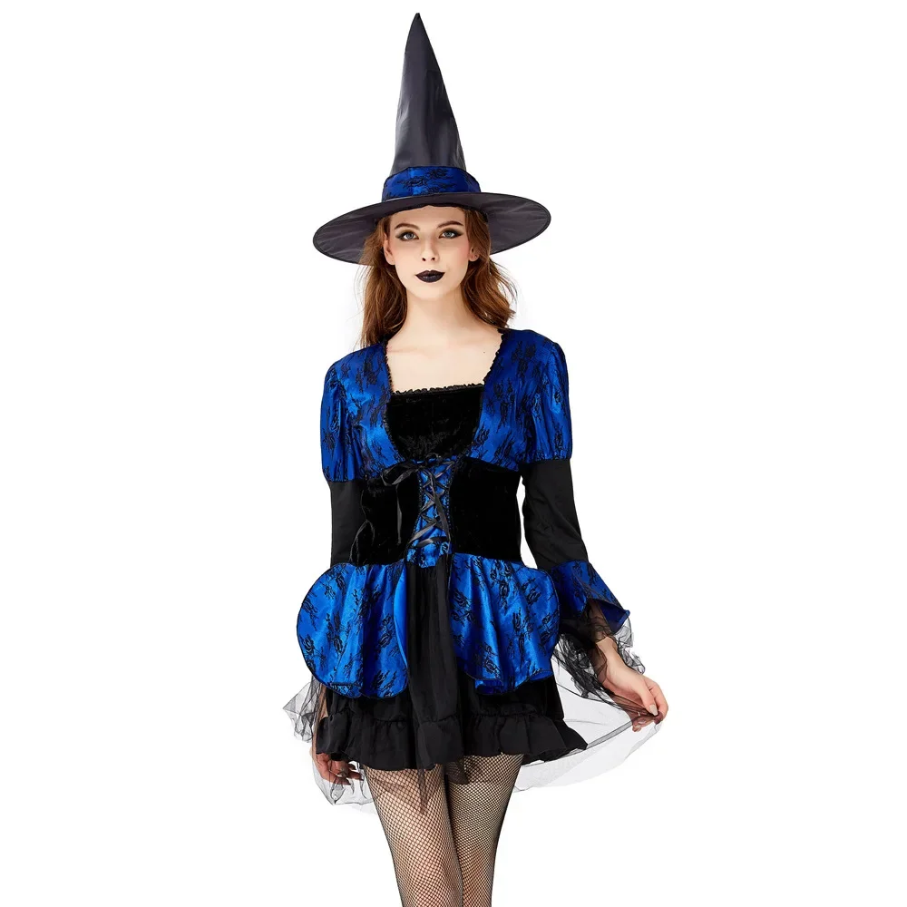 

Сексуальный женский костюм ведьмы на Хэллоуин, синие нарядные платья с шляпой, карнавальные костюмы для косплея, искусственные