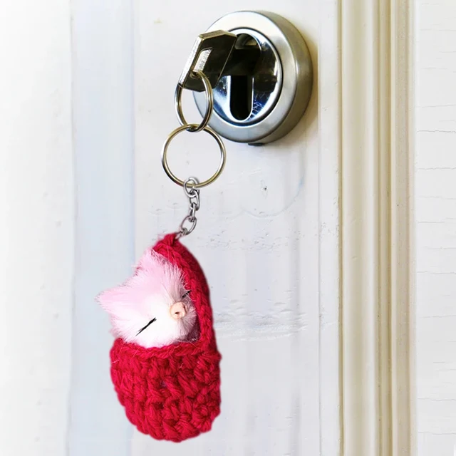 Kawaii Sleeping Cat Keychains Toy Plush Keychain for Women Girls Handmade Faux Rabbit Fur Kitten Key Chains Fluffy Car Key Rings 3