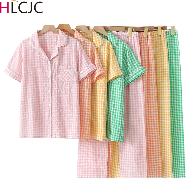 

Summer Two Piece for Women Short Sleeved Plaid Pajamas Set Cotton Sleepwear Elegant Women's Pajamas Lounge Home Pijama Mujer