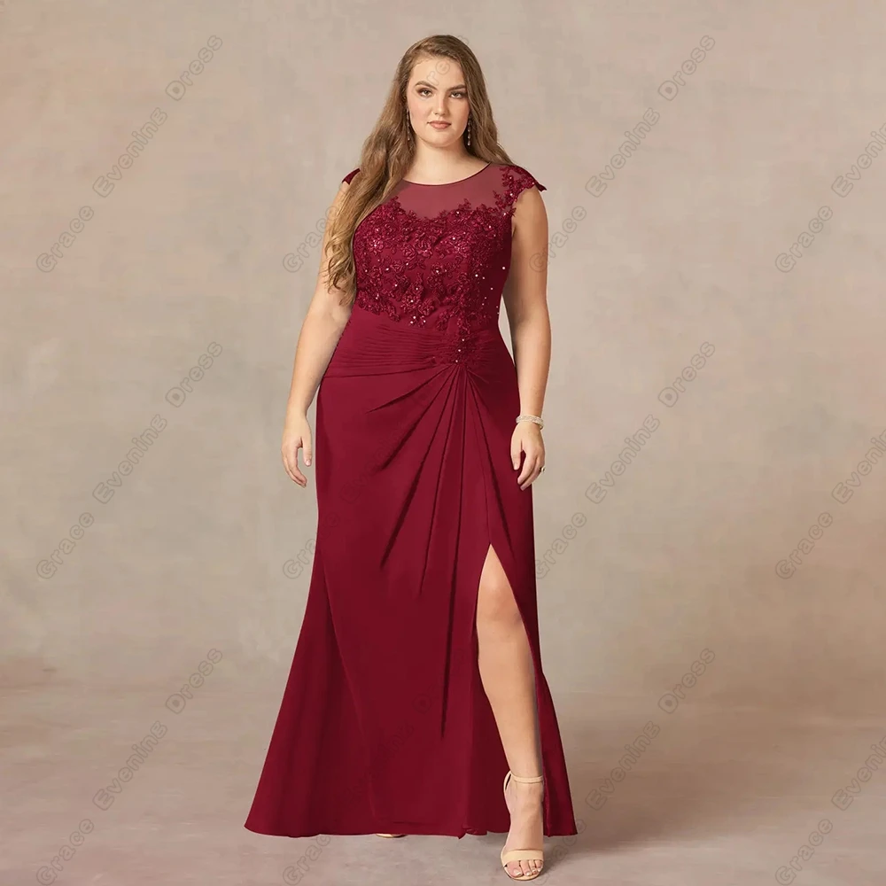 

Plus size Burgundy Mother of Bride Dresses for Women Side Slit Wedding Party Dresses with Lace Chiffon Robe De Soirée Summer New