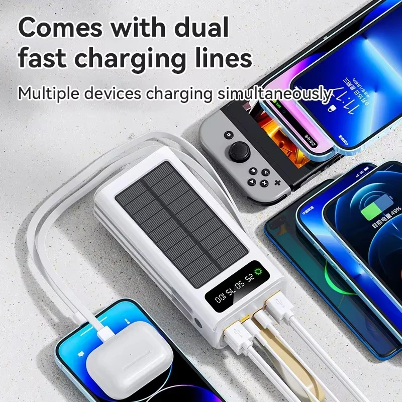 Xiaomi 100000mAh Thicken Solar Power Bank Big capacity Built-in Cables External Battery LED Light Power Bank for iPhone Huawei 4