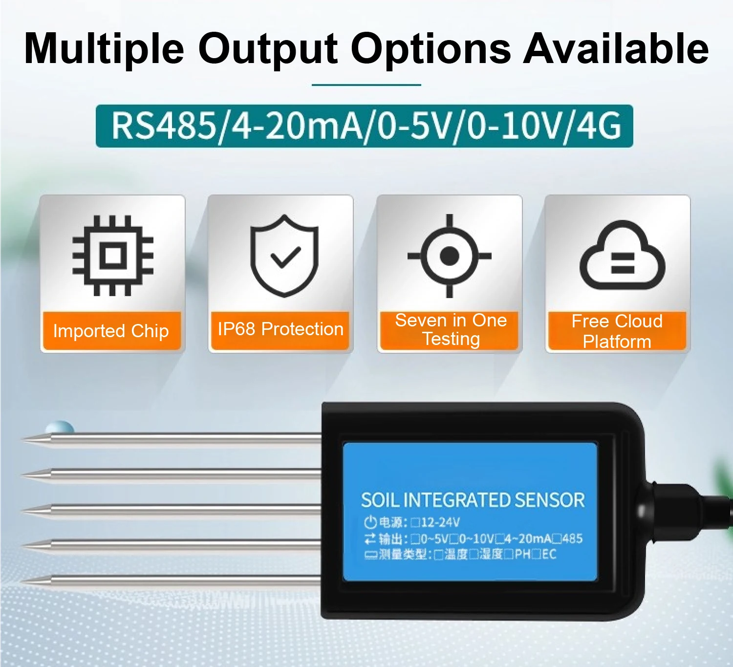 IP68 7 in 1 Soil Moisture pH EC Temperature NPK Sensor with RS485 4-20mA 0-5V 0-
