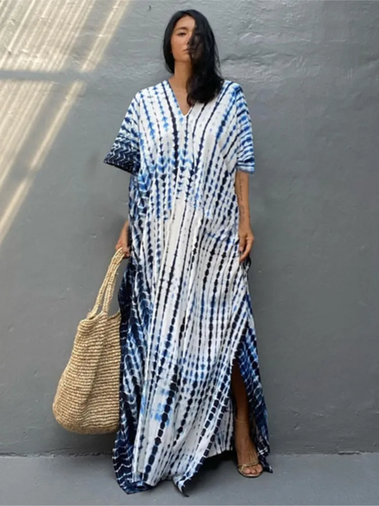 Fashion Casual Striped Print Long Dresses Women Bohemian V-neck Bat Sleeve Loose Slit Beach Dress Summer New Beachwear Vestidos