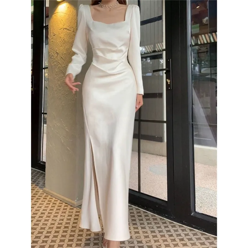 

S-4XL French White Dress For Women Korean Version Simple Commuting Long Sleeved Square Neck Skirt Sexy Buttocks Wrapped Dress
