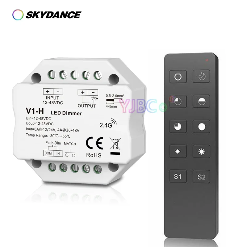

V1-H Single Color LED strip Dimmer Step-less dimming/Push Dim monochrome tape Controller 12V-48VDC 24V 36V 96W/192W/144W/192W