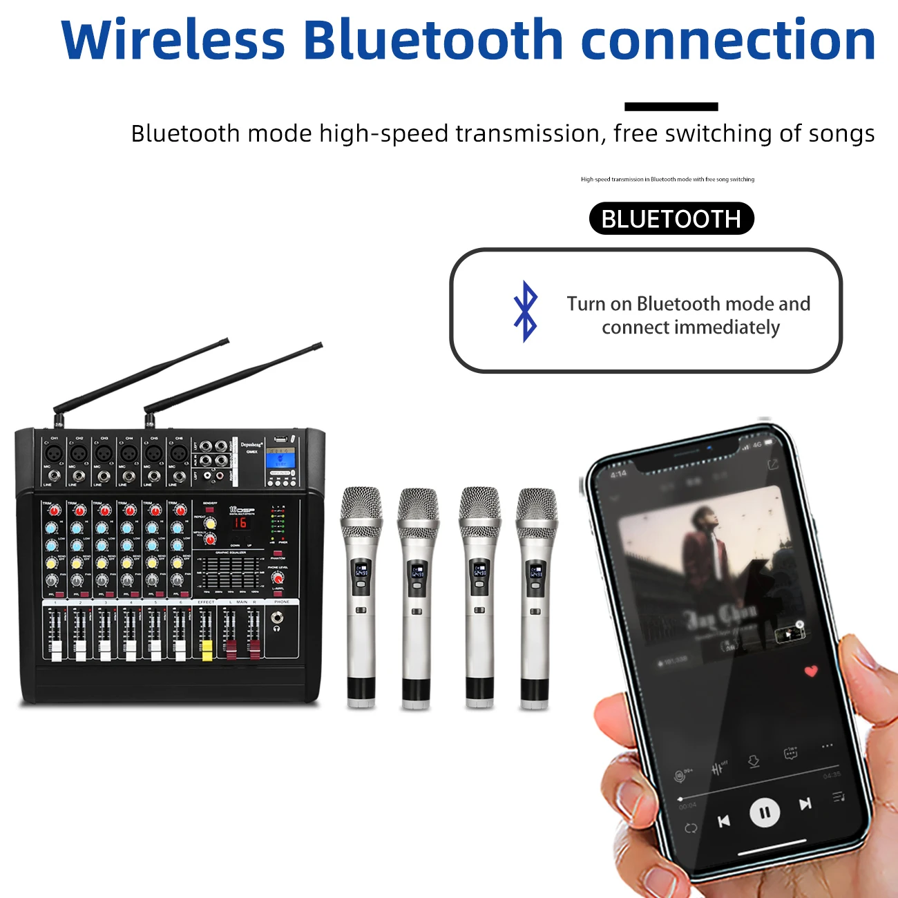 Depusheng 450 Watt GM6X-4H High Quality 6 Channel USB Digital DJ Amplifier Audio Mixer with 4 Wireless Microphones