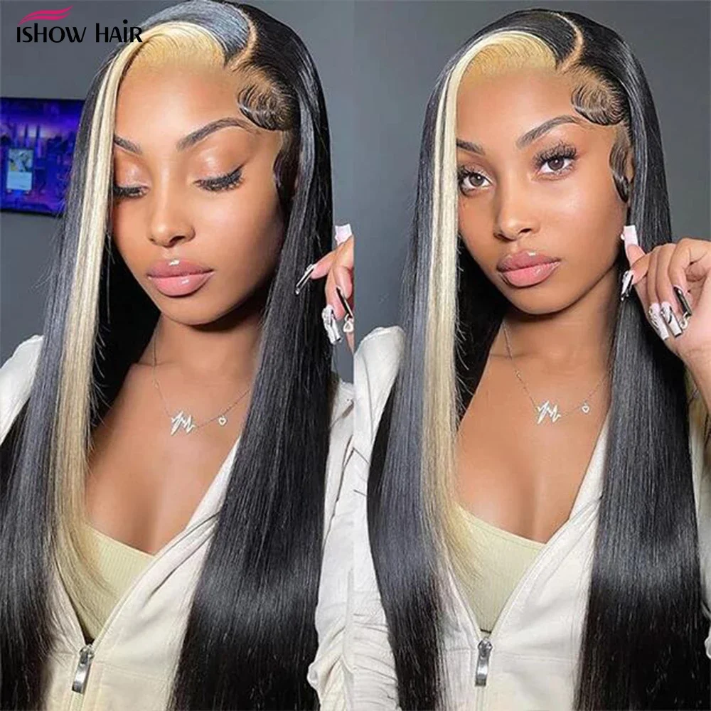 Ishow Blonde Skunk Stripe Human Hair Wigs For Women Straight Hd Transparent  13x4 Lace Frontal Wig 1b/613 Colored Human Hair Wigs - Lace Wigs -  AliExpress