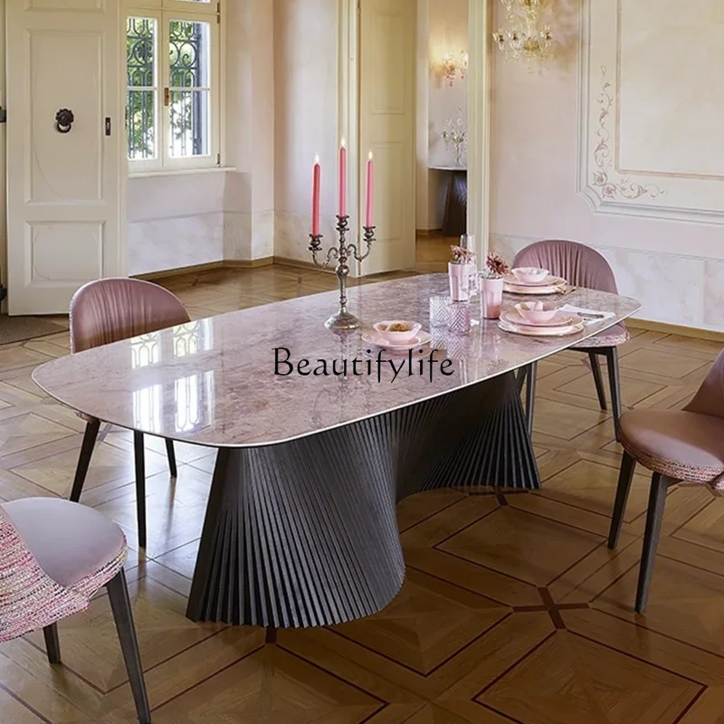 

Natural Pink Jade Marble Dining-Table Modern Minimalist Italian Light Luxury Dining Table Stone Dining Table