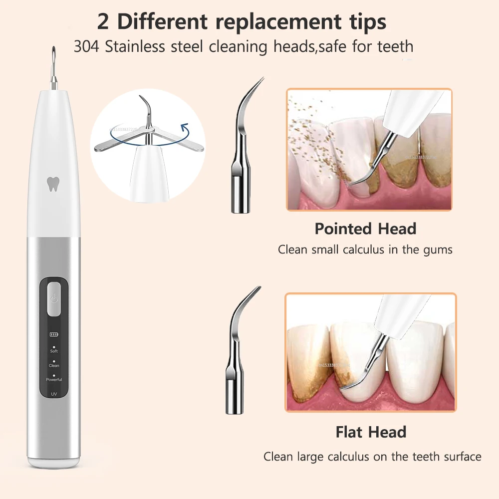 Ultrasonic Dental Plaque Remover with two different replacement tips for gentle cleaning of teeth and gums.