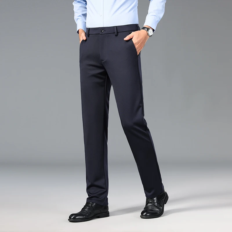 Stylish Solid Color Suit Pants All-match 2024 Summer New Straight Elastic Business Casual Men's Clothing Button Commute Trousers
