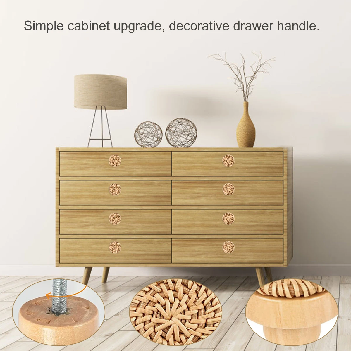 6/12PCS Rattan Wooden Drawer Knobs Boho Rattan Dresser Knobs Round Handmade Cabinets Dresser Handles Cupboard Wardrobe Door Pull