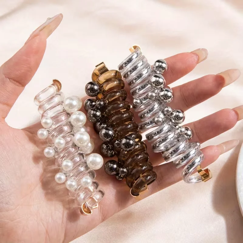 Fascia per capelli a spirale con perline, fascia per capelli a forma di perla, elastico per capelli a coda di cavallo, adatto per capelli lunghi e ricci - immagine 3