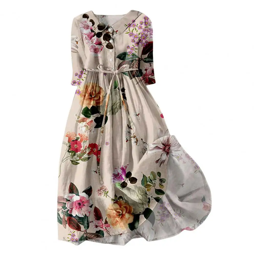 

Bohemian Women Dress Floral Print Mid Sleeve Lapel V Neck Lace-up High Waist A-line Half Single-breasted Pleated Midi Dress