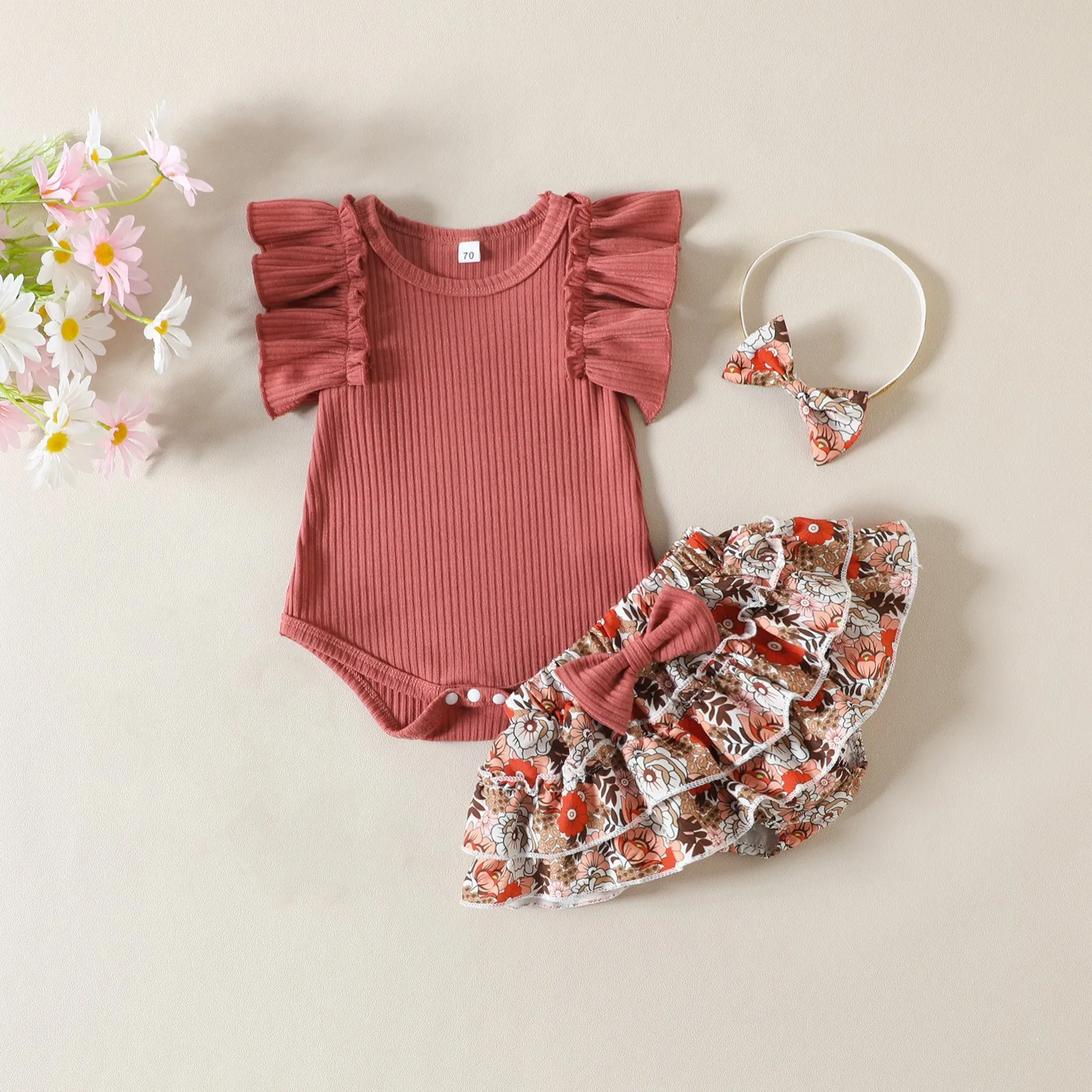 New Fashion Baby Girls Summer Outfit Sets Ruffle Sleeve Ribbed Romper + Floral Culottes + Headband 0-24 Months Hot Sale