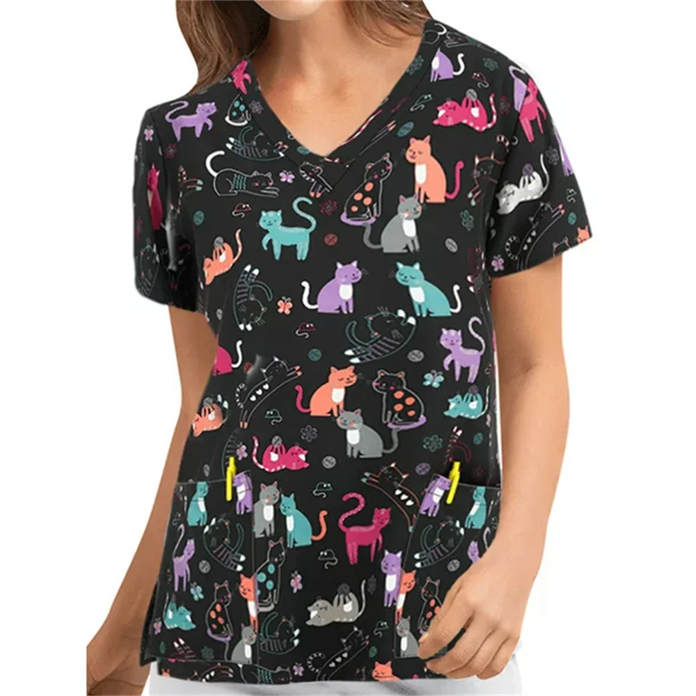 Healthcare Nurse Tunic Uniforms Women Short Sleeve Medical Scrubs Tops Flower Print Pockets Workwear for Clinic Nurse uniform suits nurse uniform dress working uniform blouse nurse scrubs top