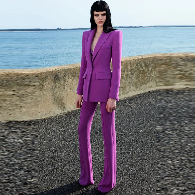 

2022 European And American Star Business Wear Fashion One Button Cloth Button Medium Length Suit + Bell Bottoms Women's Suit
