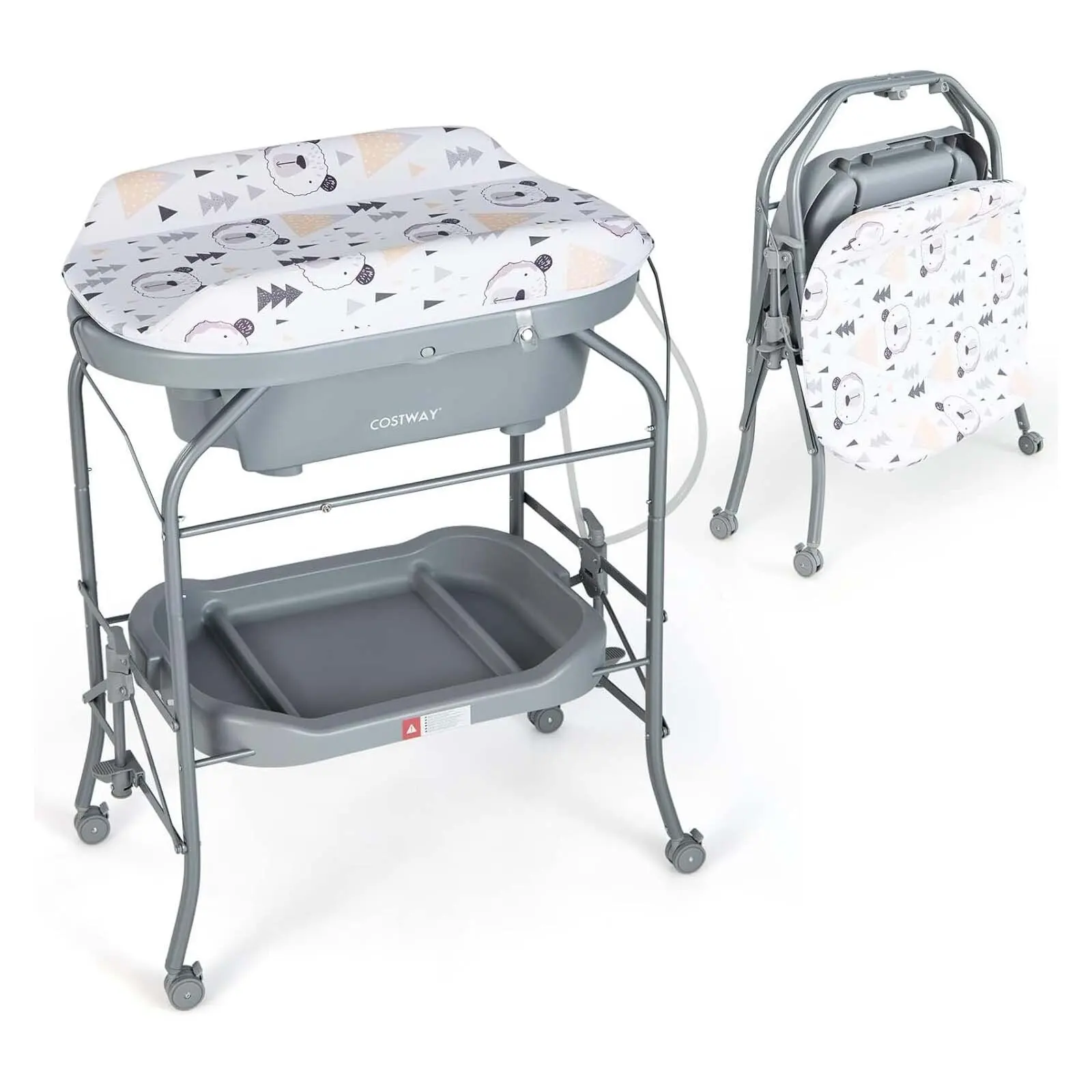 4-in-1 Changing Table with Bathtub, Portable Changing Table with PVC Pad & Drain Pipes, Mobile Changing Station Foldable