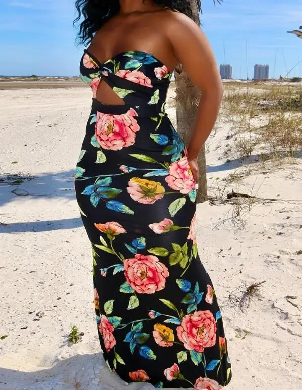 

Womens Dresses 2023 Summer Fashion Twist Floral Print Sexy Cutout Bandeau Sleeveless Skinny Daily Vacation Maxi A Line Dress