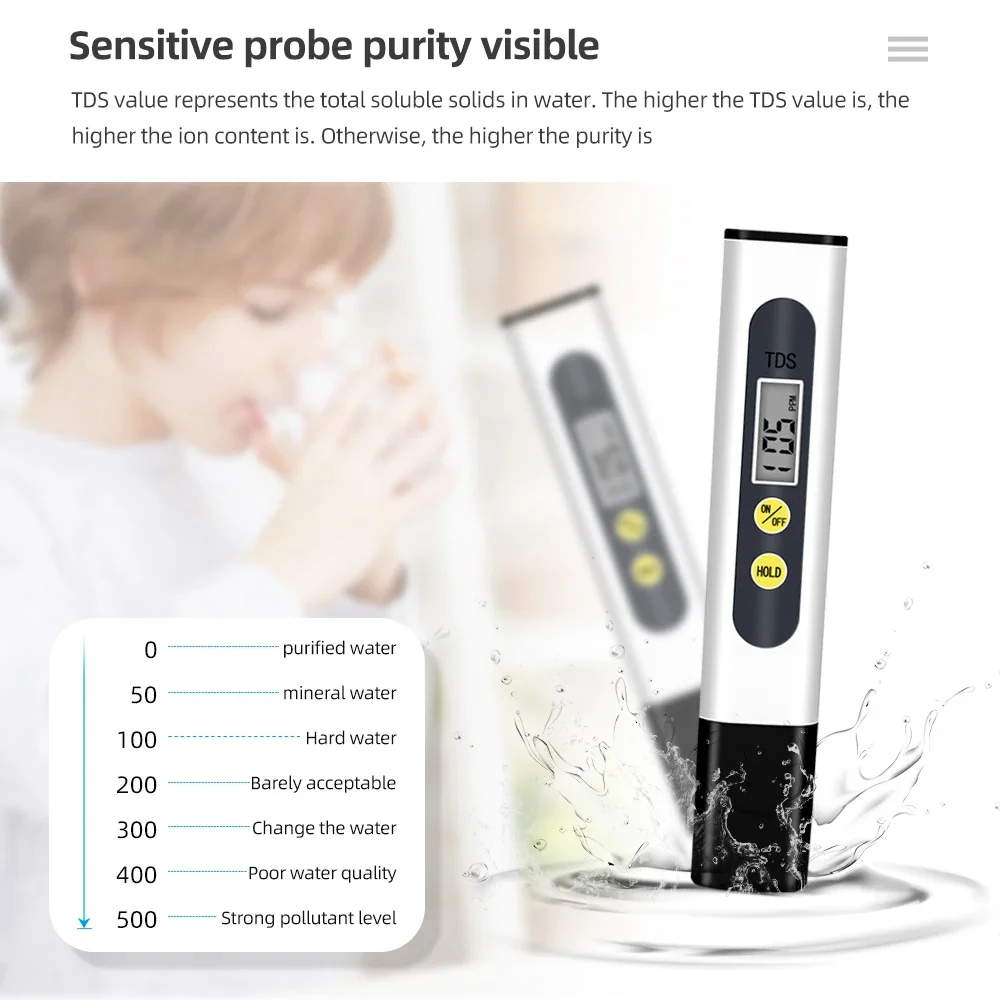 Portable TDS Meter LCD Digital Water Quality Tester 0-990PPM TDS Test Pen Water Purity Detector for Drinking Pool Aquarium